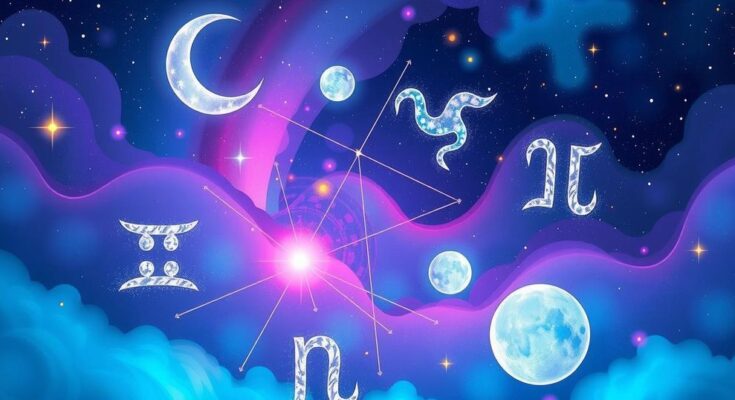 A celestial scene illustrating the zodiac signs and planets, colored in vibrant blues and purples, capturing astrological themes.