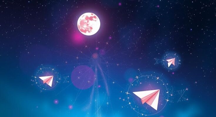 A cosmic scene depicting stars, the moon, and abstract travel elements symbolizing exploration and new opportunities.