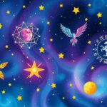 Celestial theme with zodiac signs and astrological symbols in a colorful cosmos backdrop.