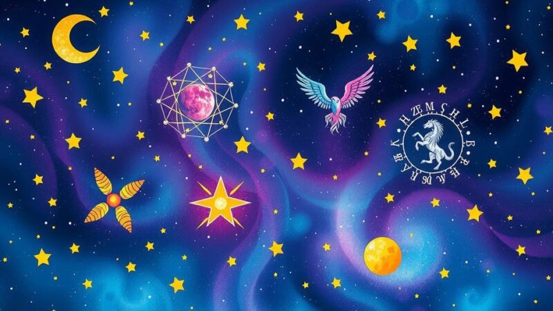 Celestial theme with zodiac signs and astrological symbols in a colorful cosmos backdrop.