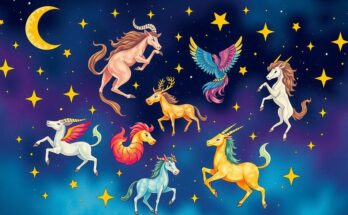 Colorful zodiac signs and celestial imagery representing various horoscopes.
