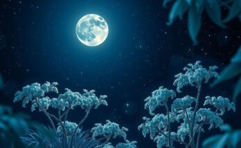 A dark blue night sky filled with bright stars and a large waxing gibbous moon illuminating a serene garden.