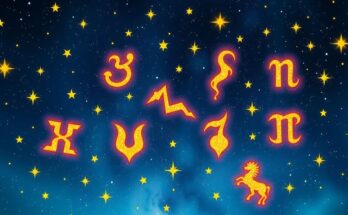 A vibrant cosmic scene with zodiac signs integrated, featuring astrology symbols and constellations in bright colors.