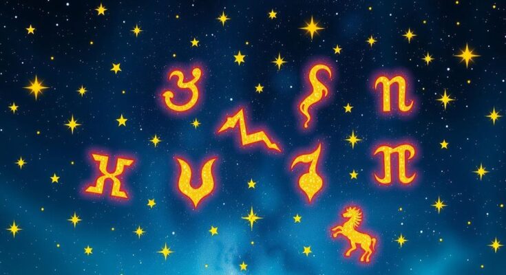 A vibrant cosmic scene with zodiac signs integrated, featuring astrology symbols and constellations in bright colors.