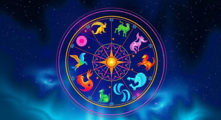 A colorful zodiac wheel showcasing symbols of 12 signs with a cosmic starry background, each sign radiates its unique colors.