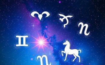 Astrological symbols with a cosmic background illustrating five zodiac signs and favorable horoscopes, vibrant color scheme.