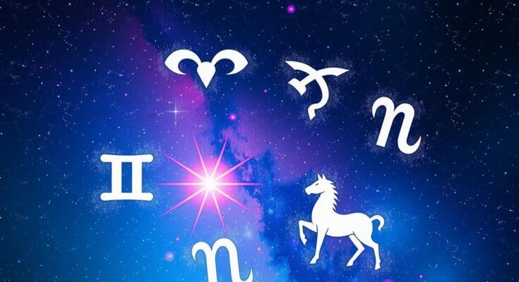 Astrological symbols with a cosmic background illustrating five zodiac signs and favorable horoscopes, vibrant color scheme.