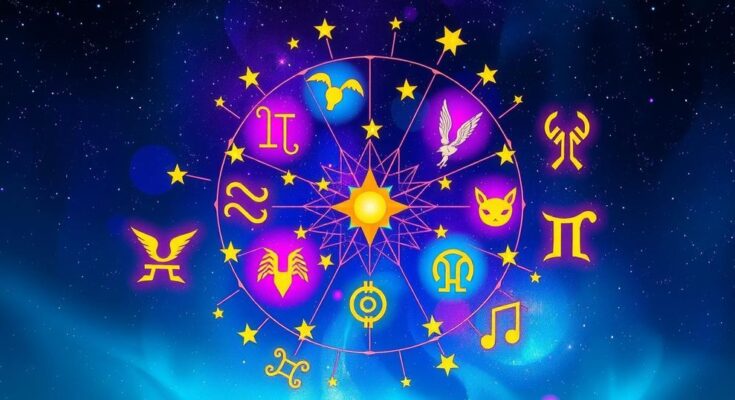 A celestial design illustrating zodiac symbols in vibrant colors, showcasing the astrology theme.