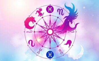 Astrological symbols with a celestial background, showcasing zodiac signs and their characteristics in soft pastel colors.