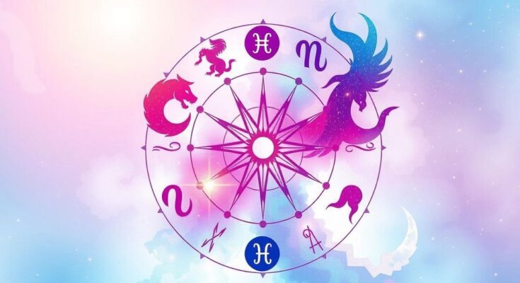 Astrological symbols with a celestial background, showcasing zodiac signs and their characteristics in soft pastel colors.