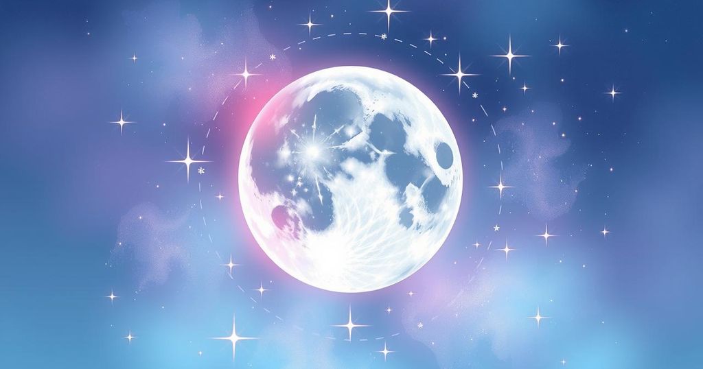A celestial scene featuring the moon in Libra among twinkling stars, emphasizing harmony and balance in astrology.