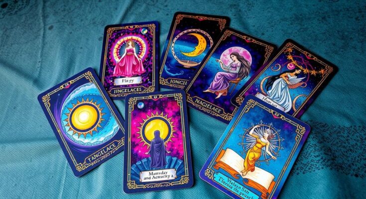 Colorful tarot cards representing zodiac signs and their messages, with vibrant blues, purples, and golds.