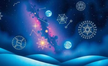 A starry night sky with astrological symbols and constellations, capturing teamwork and cosmic energy.