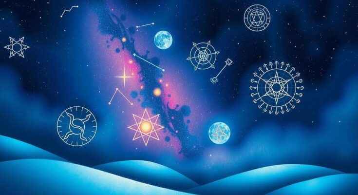 A starry night sky with astrological symbols and constellations, capturing teamwork and cosmic energy.