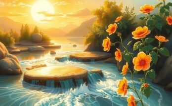 A serene golden landscape reflecting innovation and positivity, featuring flowing water and blooming nature elements.