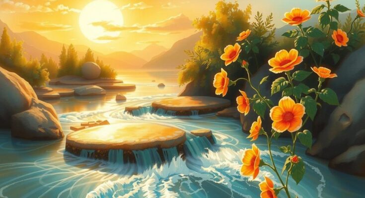 A serene golden landscape reflecting innovation and positivity, featuring flowing water and blooming nature elements.