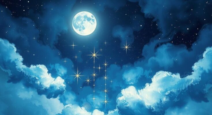 A serene cosmic scene featuring twinkling stars and a shining moon symbolizing transformation and new beginnings.