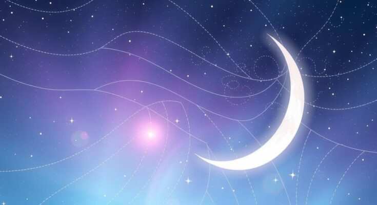 A celestial scene with vibrant stars and a serene crescent moon, reflecting tranquility and introspection.