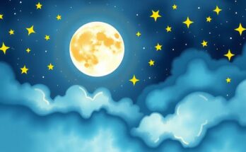 A celestial scene with a moon in a bright sky, surrounded by stars and elements of joy and community.
