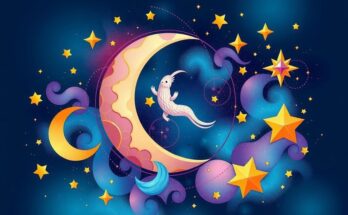 Astrological symbols with cosmic elements, colorful stars and moon reflecting productivity and creativity