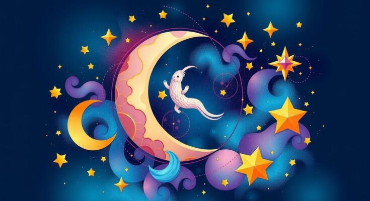 Astrological symbols with cosmic elements, colorful stars and moon reflecting productivity and creativity