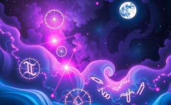 Cosmic scene depicting stars, a new moon, and astrological symbols in vibrant colors suggesting growth and introspection.