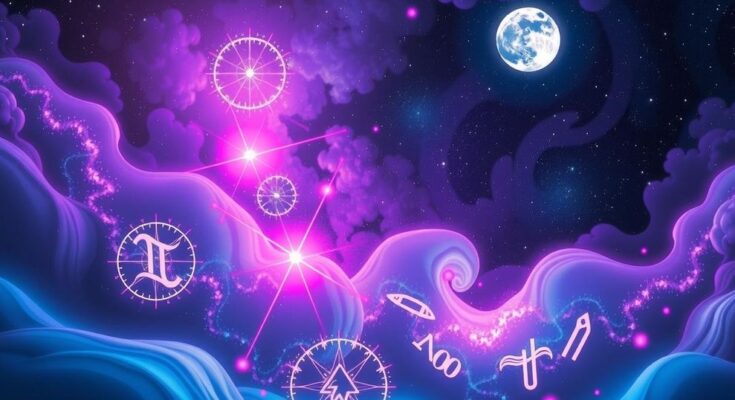 Cosmic scene depicting stars, a new moon, and astrological symbols in vibrant colors suggesting growth and introspection.