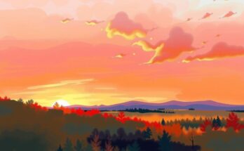 A vibrant sunrise or sunset over a tranquil horizon reflecting beautiful colors in the sky, symbolizing awakening.