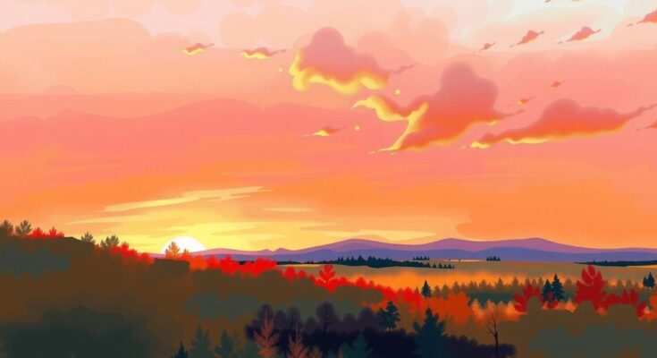 A vibrant sunrise or sunset over a tranquil horizon reflecting beautiful colors in the sky, symbolizing awakening.