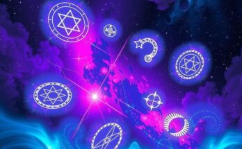 Astrological symbols against a cosmic background with vibrant colors representing energetic shifts and insights.