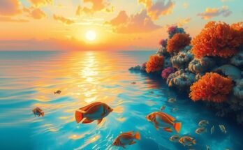 Calm sea with fish swimming gracefully, warm sunset colors blending in peaceful harmony.