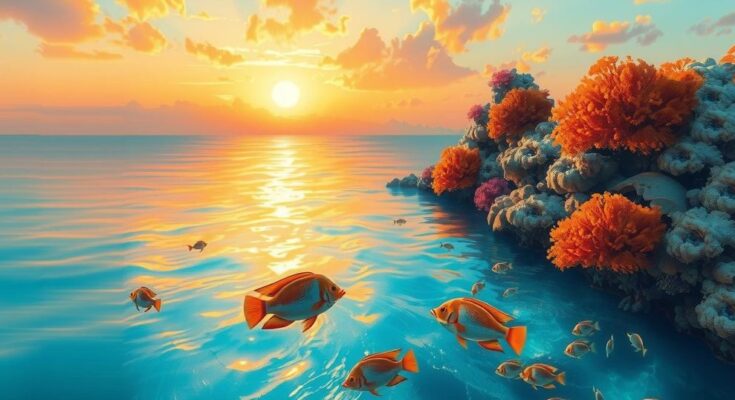 Calm sea with fish swimming gracefully, warm sunset colors blending in peaceful harmony.