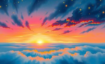 Celestial scene with vibrant sunrise, symbolic stars, and colorful horizon reflecting astrology themes.