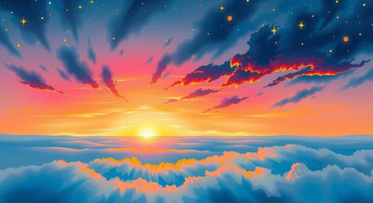Celestial scene with vibrant sunrise, symbolic stars, and colorful horizon reflecting astrology themes.