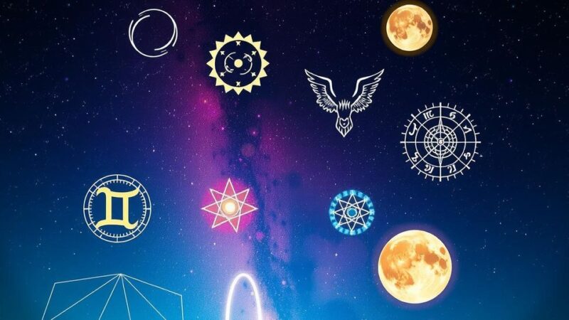 Astrological symbols with a cosmic background, showcasing friendship and positivity.