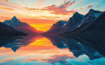 A serene mountain landscape at sunset with warm colors and a calm lake reflecting the sky, embodying tranquility.