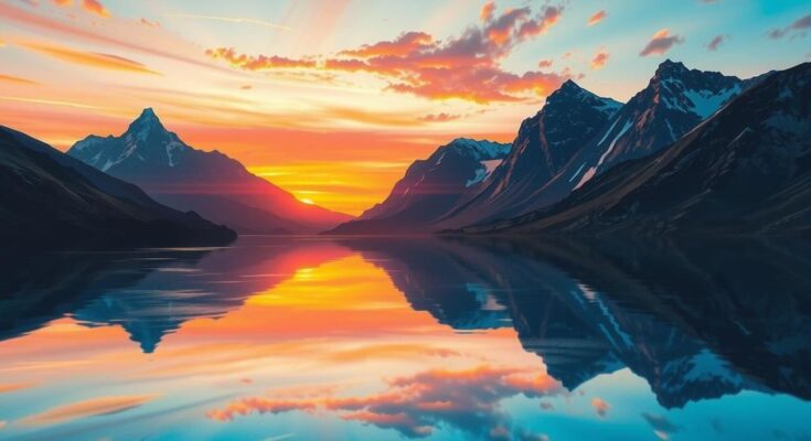 A serene mountain landscape at sunset with warm colors and a calm lake reflecting the sky, embodying tranquility.