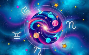 Colorful cosmic illustration showcasing zodiac signs with astrological elements for a queer horoscope.