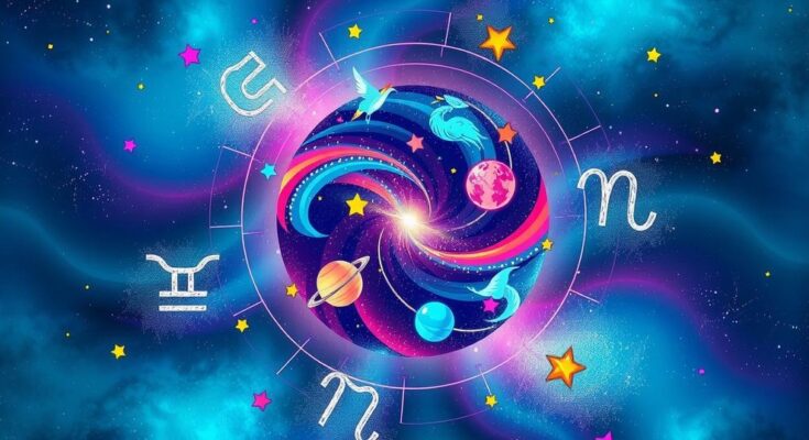 Colorful cosmic illustration showcasing zodiac signs with astrological elements for a queer horoscope.