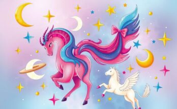 Astrology-themed illustration showing zodiac signs with vibrant pastel colors in a whimsical style.