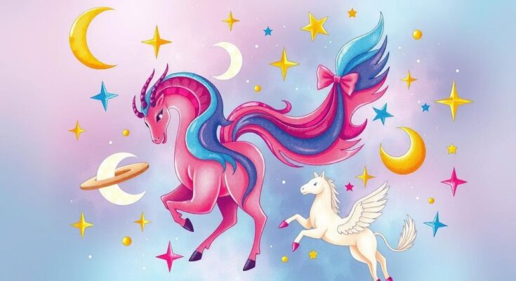 Astrology-themed illustration showing zodiac signs with vibrant pastel colors in a whimsical style.