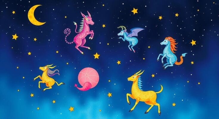 A cosmic representation of astrology and zodiac signs, with a celestial background featuring stars and planets.