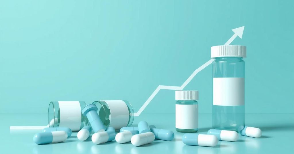 A symbolic representation of reduced pharmaceutical costs with a downward trend line and pill bottles in shades of blue and green.