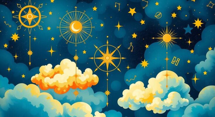 Astrological themes of empowerment and self-discovery illustrated with celestial symbols and vibrant colors.