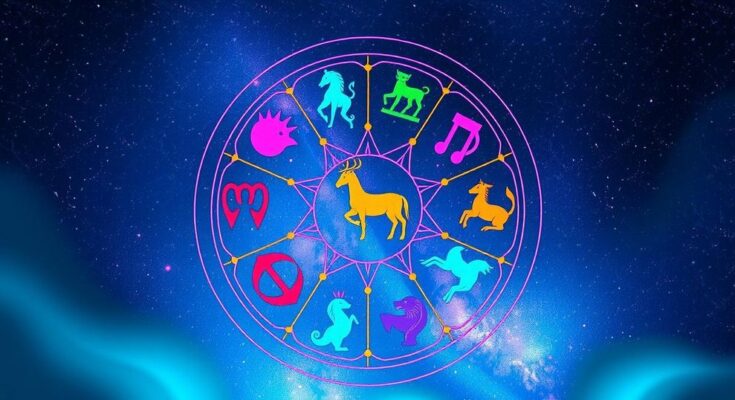 Colorful zodiac symbols representing weekly horoscope insights for all signs, with a serene celestial background.