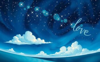 A romantic scene featuring a starry night sky with twinkling stars and soft clouds, evoking love and connection.