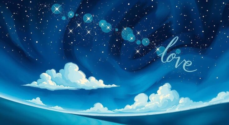 A romantic scene featuring a starry night sky with twinkling stars and soft clouds, evoking love and connection.