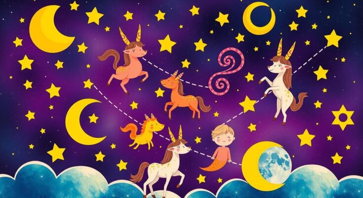 Whimsical zodiac symbols with warm tones, depicting celestial elements and the astrological theme of May 5.