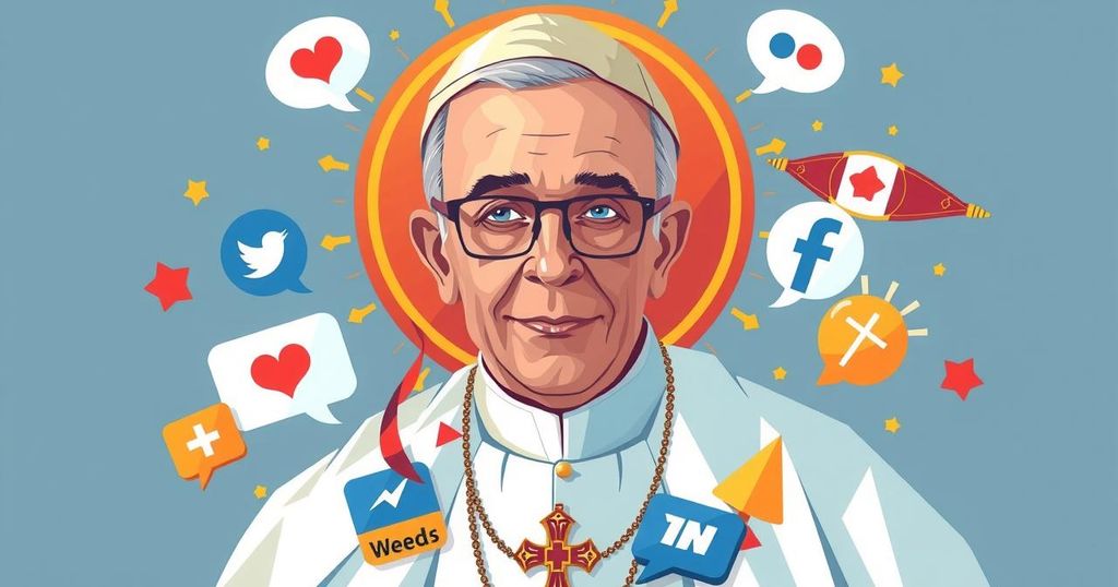 A symbolic depiction of a pope's influence on social media and politics, featuring various social media icons and a cross.