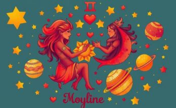 Astrological theme with zodiac signs and celestial elements in warm colors representing love horoscopes.